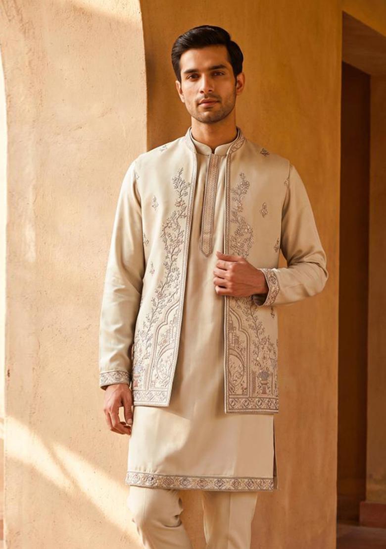 Cream Embroidery Armani Indo Western For Men - Indya