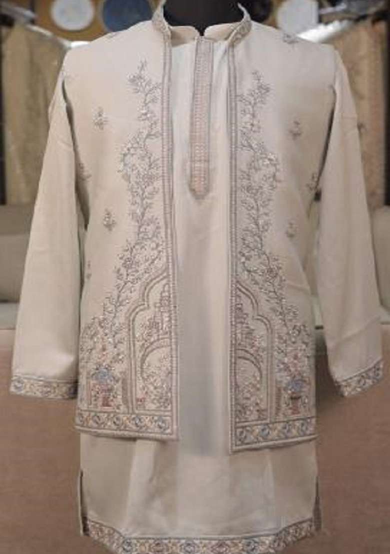 Cream Embroidery Armani Indo Western For Men - Indya