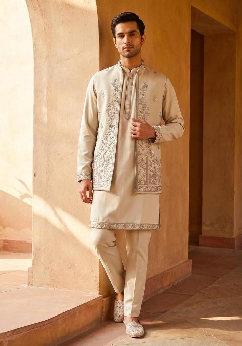 Cream Embroidery Armani Indo Western For Men