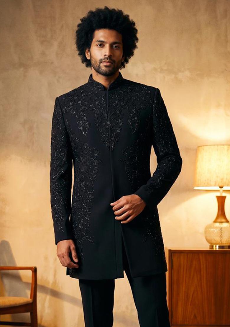Black Embroidery Armani Indo Western For Men - Indya