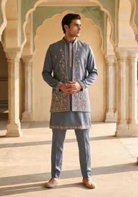 Grey Embroidery Armani Indo Western For Men