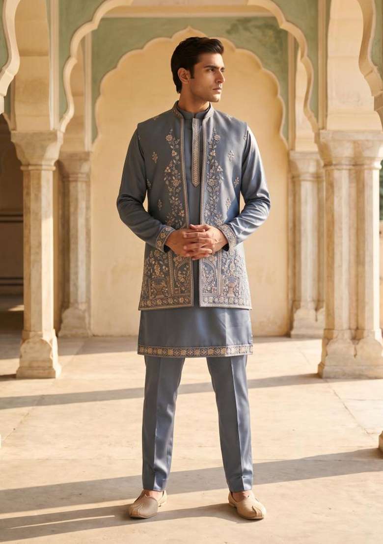 Grey Embroidery Armani Indo Western For Men - Indya