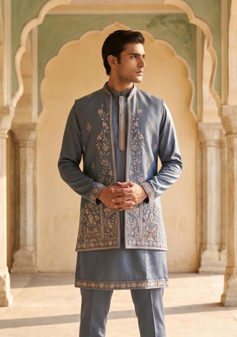 Grey Embroidery Armani Indo Western For Men - Indya