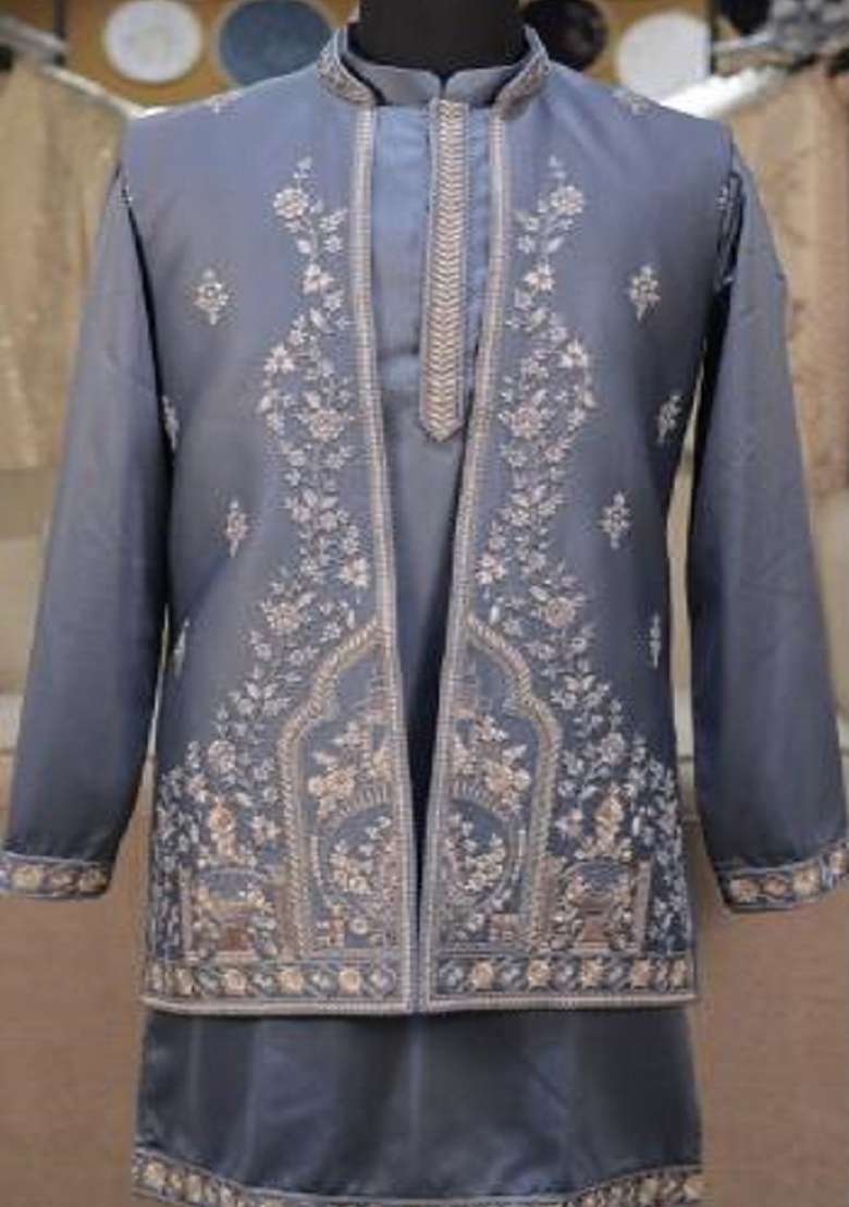 Grey Embroidery Armani Indo Western For Men - Indya