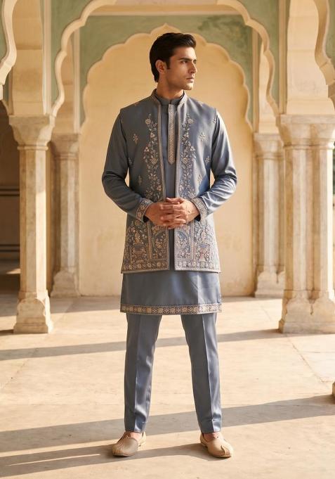 Grey Embroidery Armani Indo Western For Men