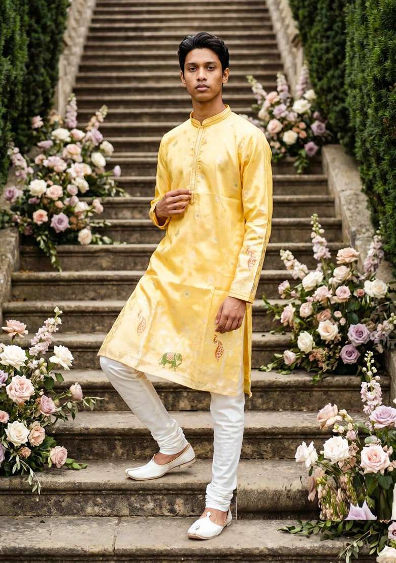 Yellow Embroidery Silk Kurta Pajama For Men - Indya
