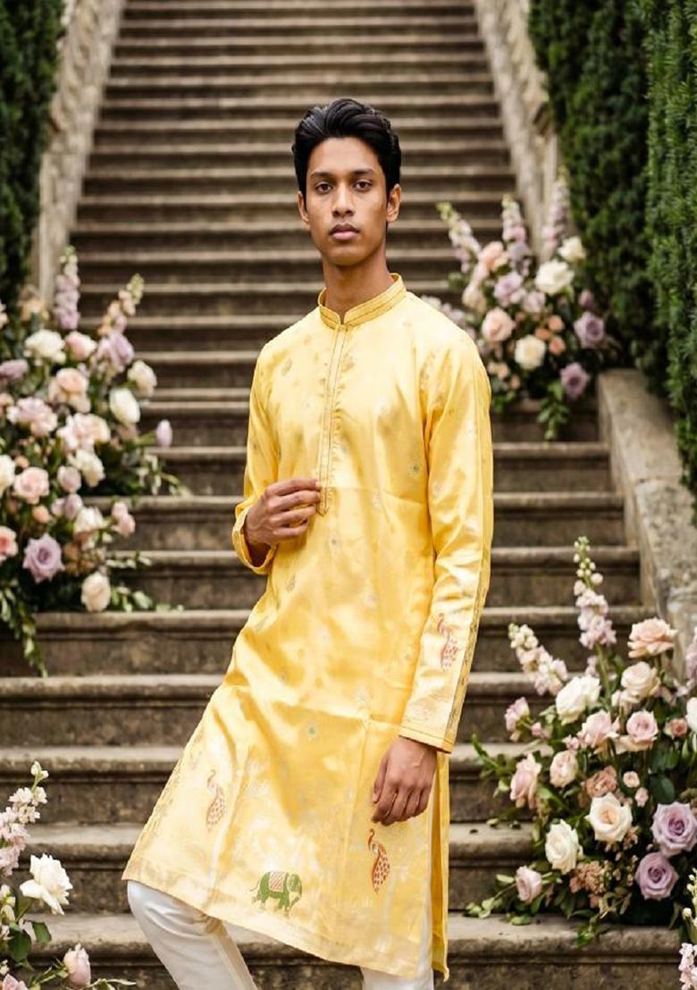 Yellow Embroidery Silk Kurta Pajama For Men - Indya