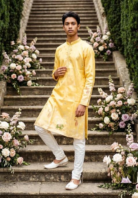 Yellow Embroidery Silk Kurta Pajama For Men