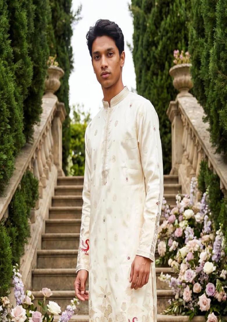 Cream Embroidery Silk Kurta Pajama For Men - Indya