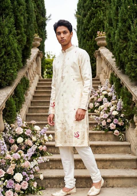 Cream Embroidery Silk Kurta Pajama For Men