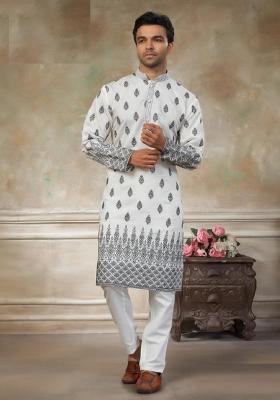 White Embroidery Silk Kurta Pajama For Men