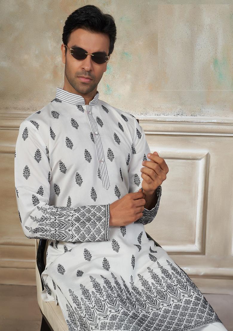 White Embroidery Silk Kurta Pajama For Men - Indya