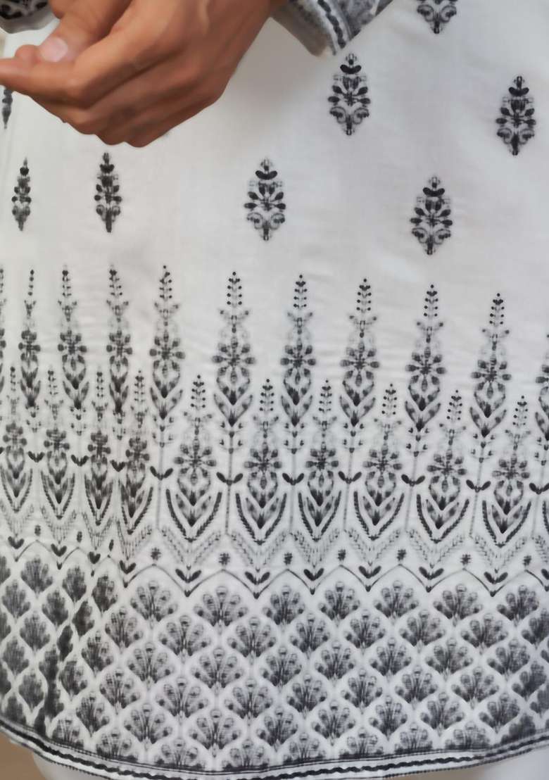 White Embroidery Silk Kurta Pajama For Men - Indya