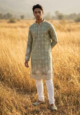 Green Embroidery Silk Kurta Pajama For Men