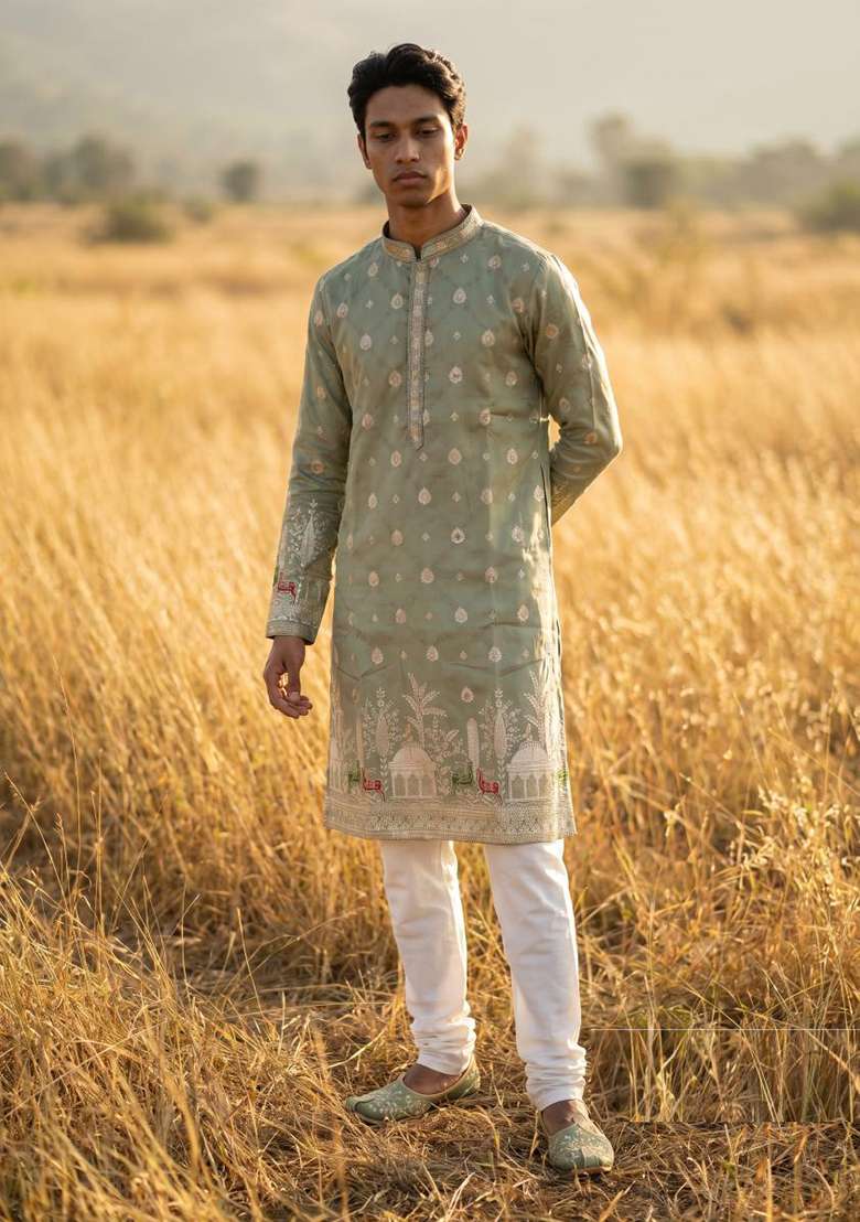 Green Embroidery Silk Kurta Pajama For Men - Indya