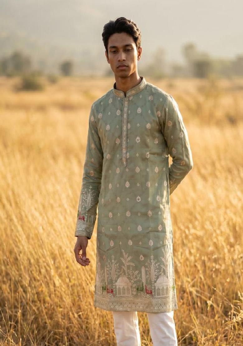 Green Embroidery Silk Kurta Pajama For Men - Indya