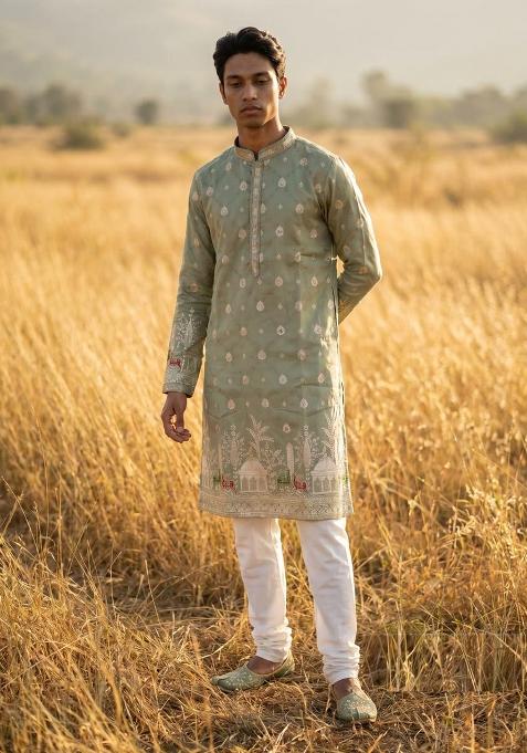 Green Embroidery Silk Kurta Pajama For Men