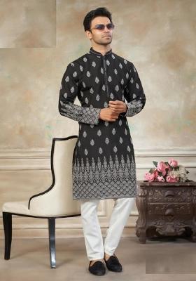 Black Embroidery Silk Kurta Pajama For Men