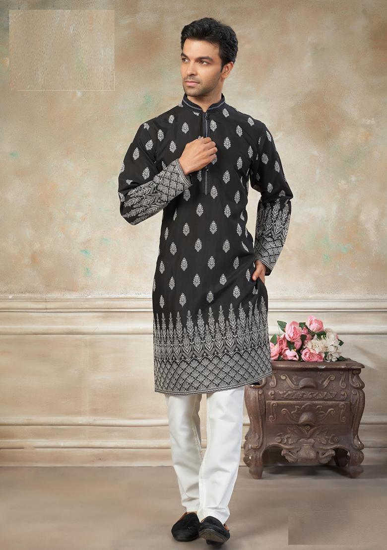Black Embroidery Silk Kurta Pajama For Men - Indya