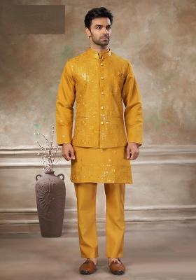 Yellow Embroidery Viscose Kurta Pajama For Men