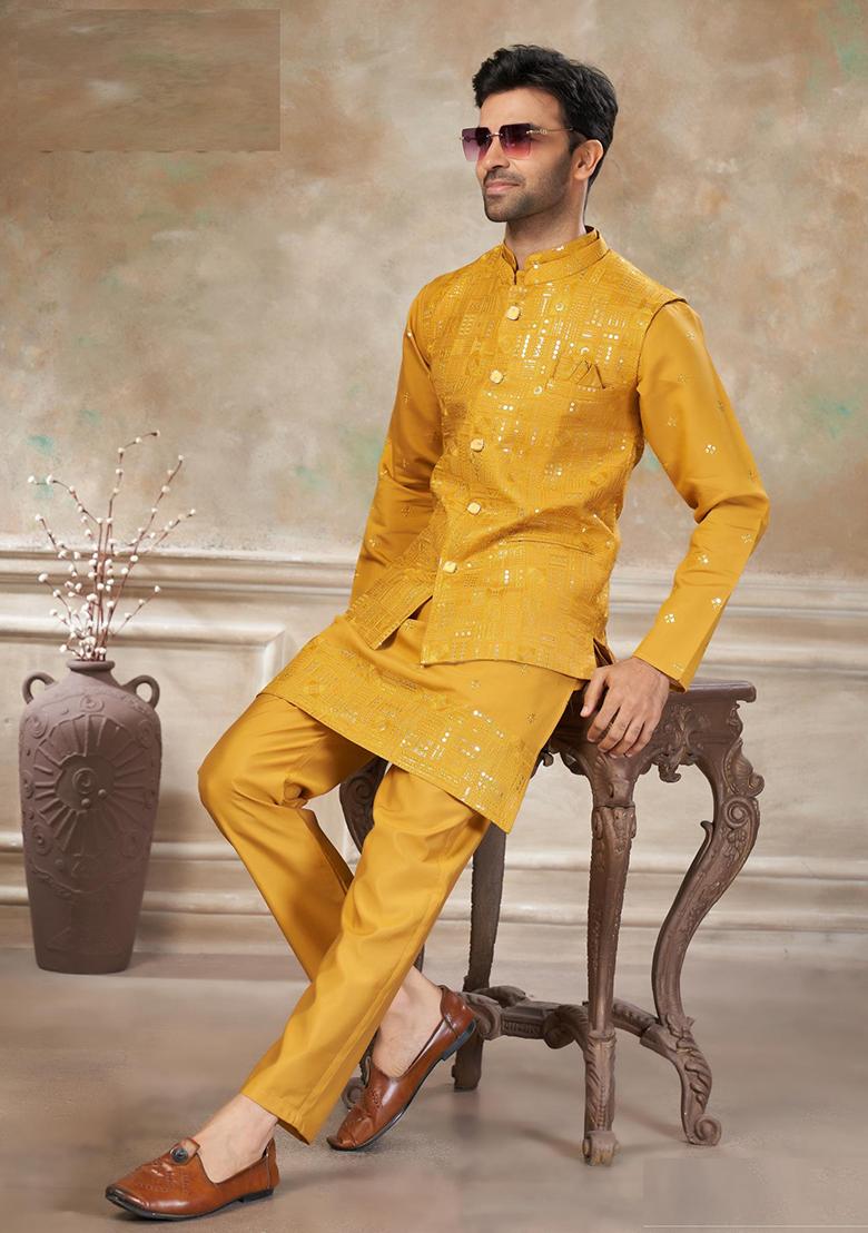 Yellow Embroidery Viscose Kurta Pajama For Men - Indya