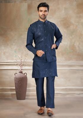 Blue Embroidery Viscose Kurta Pajama For Men
