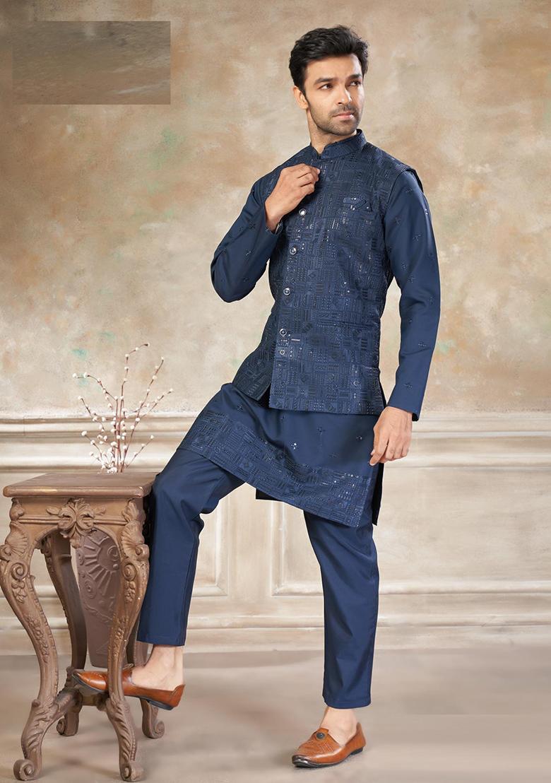 Blue Embroidery Viscose Kurta Pajama For Men - Indya