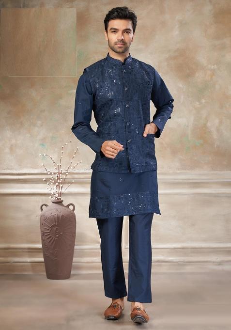 Blue Embroidery Viscose Kurta Pajama For Men