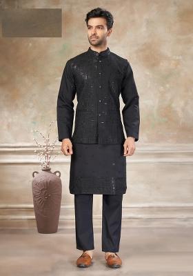 Black Embroidery Viscose Kurta Pajama For Men