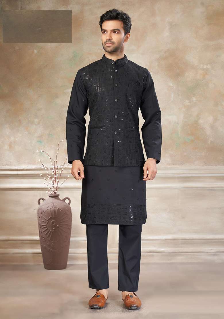 Black Embroidery Viscose Kurta Pajama For Men - Indya