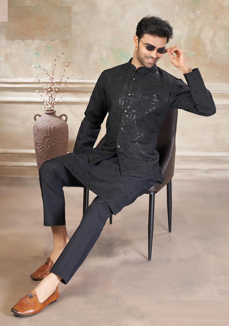 Black Embroidery Viscose Kurta Pajama For Men - Indya