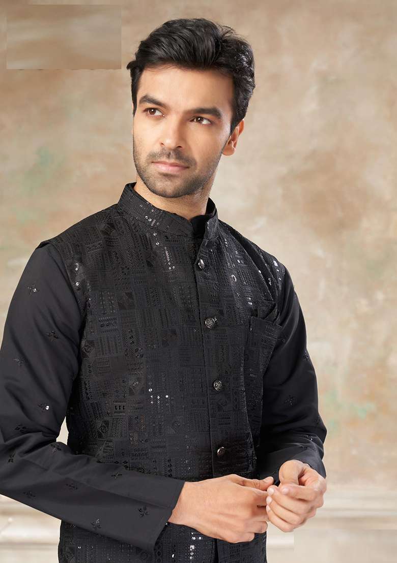 Black Embroidery Viscose Kurta Pajama For Men - Indya