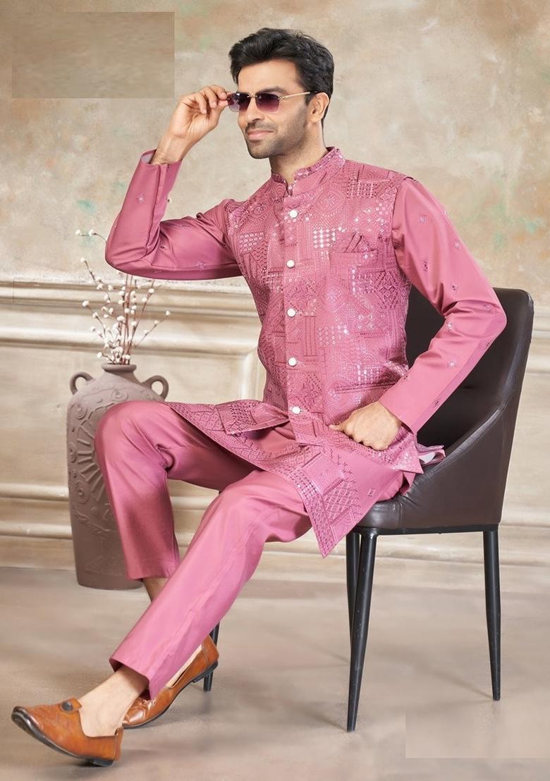 Pink Embroidery Viscose Kurta Pajama For Men - Indya