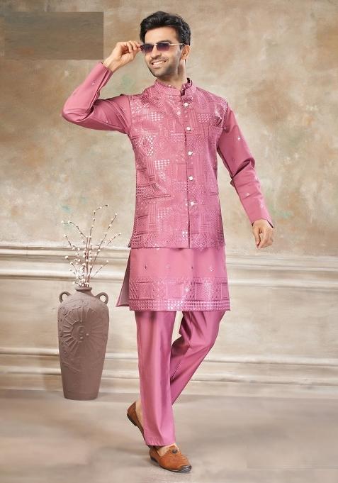 Pink Embroidery Viscose Kurta Pajama For Men