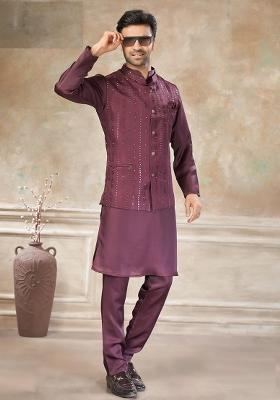 Maroon Embroidery Silk Kurta Pajama For Men