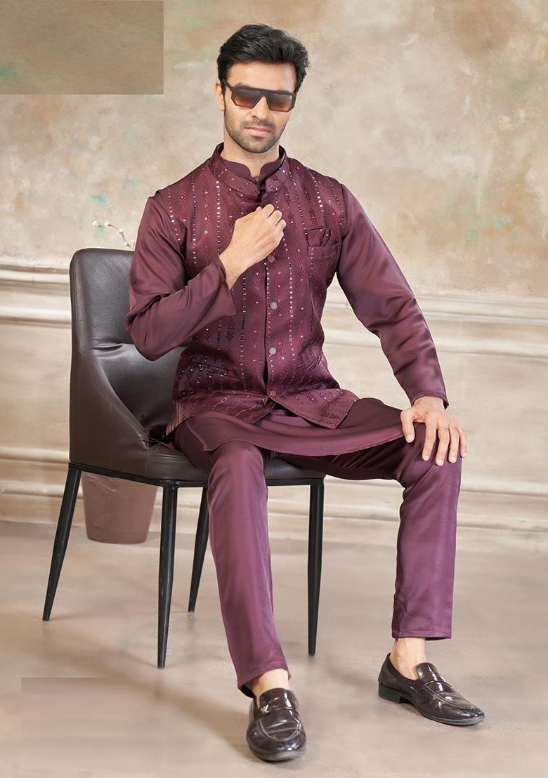 Maroon Embroidery Silk Kurta Pajama For Men - Indya