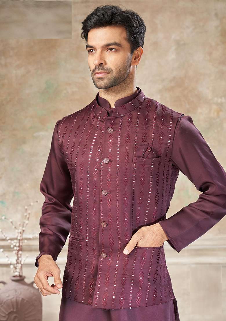 Maroon Embroidery Silk Kurta Pajama For Men - Indya