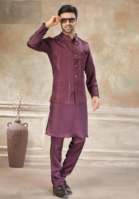 Maroon Embroidery Silk Kurta Pajama For Men