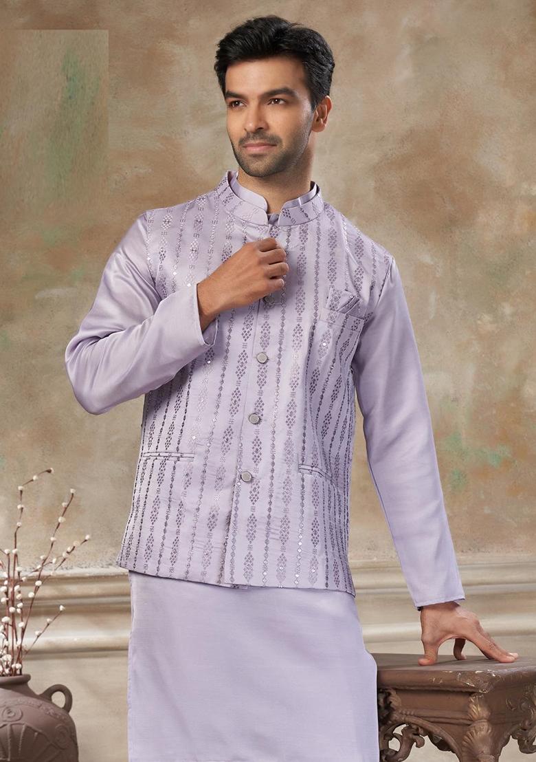 Purple Embroidery Silk Kurta Pajama For Men - Indya