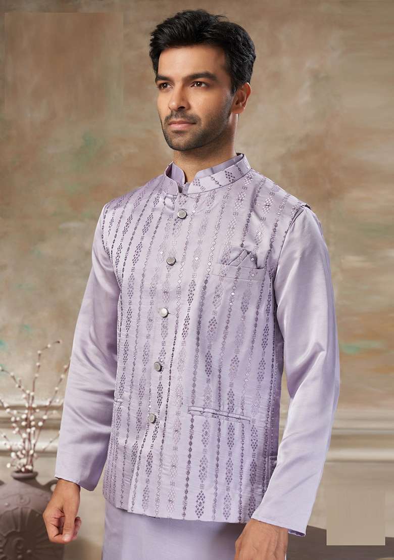 Purple Embroidery Silk Kurta Pajama For Men - Indya