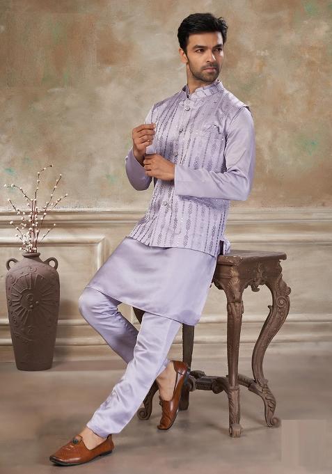 Purple Embroidery Silk Kurta Pajama For Men