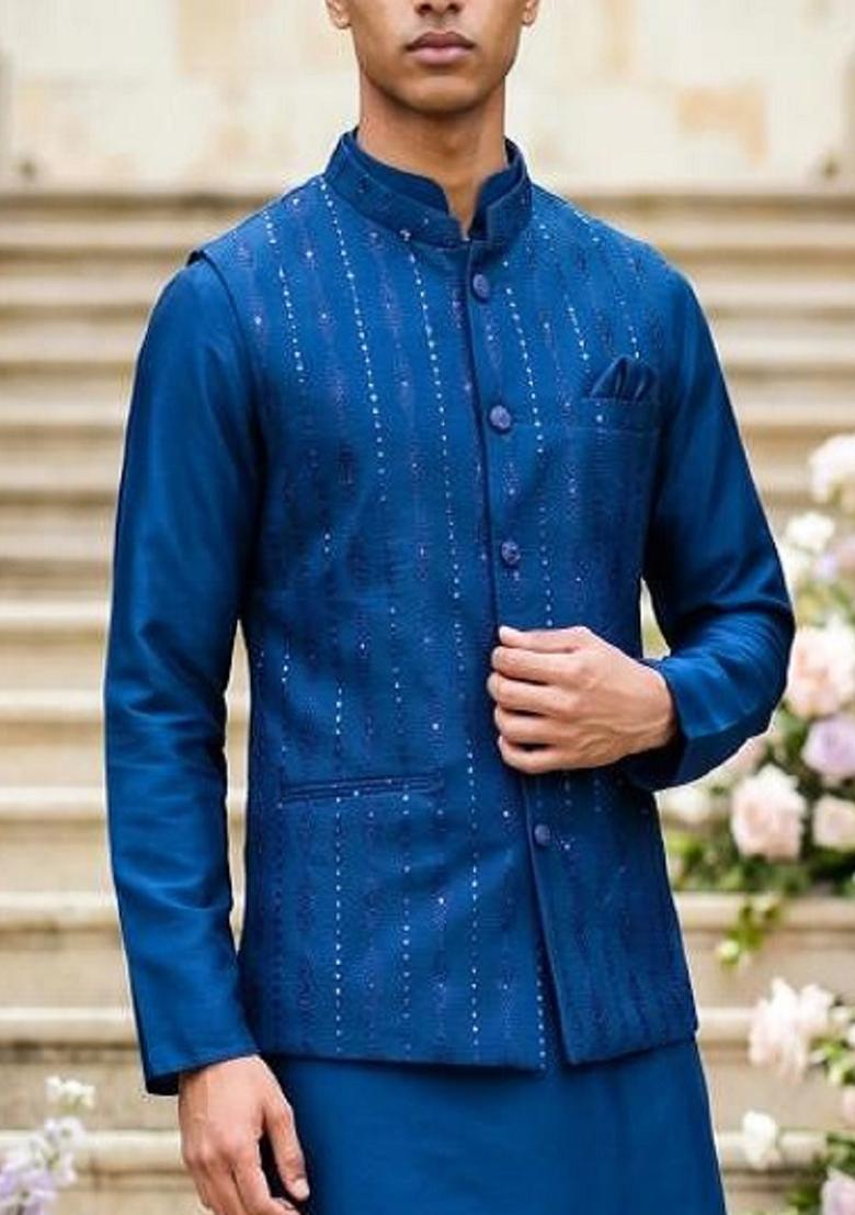 Blue Embroidery Silk Kurta Pajama For Men - Indya