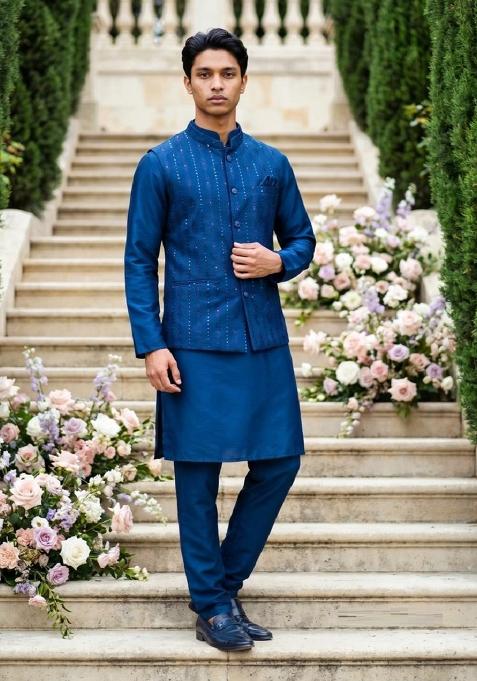 Blue Embroidery Silk Kurta Pajama For Men