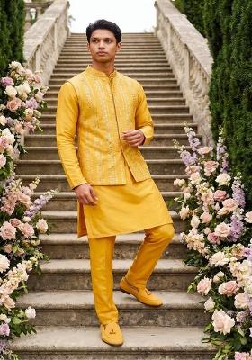 Yellow Embroidery Silk Kurta Pajama For Men