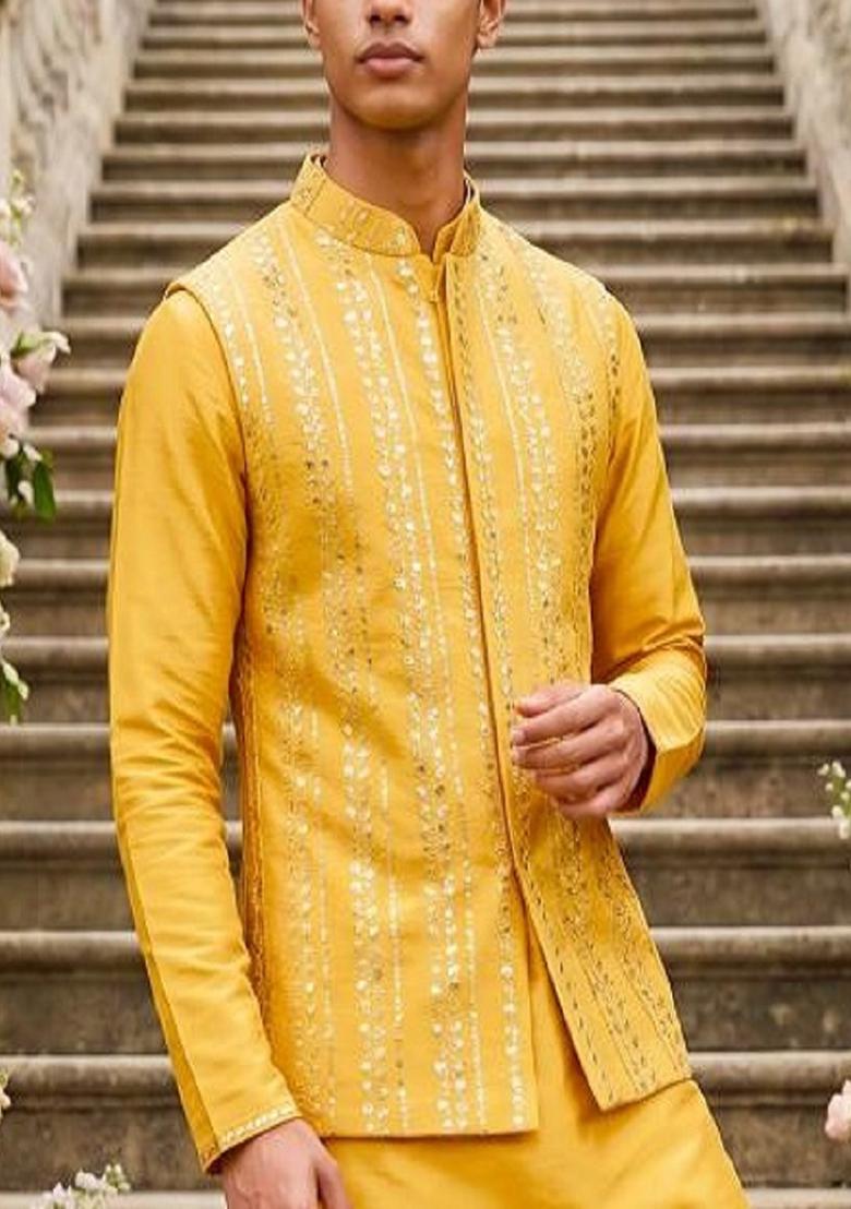 Yellow Embroidery Silk Kurta Pajama For Men - Indya
