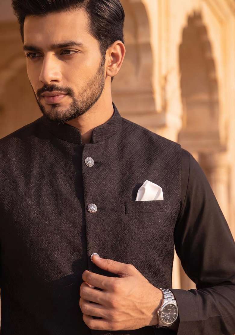 Black Embroidery Jecquard Jacket Set For Men - Indya