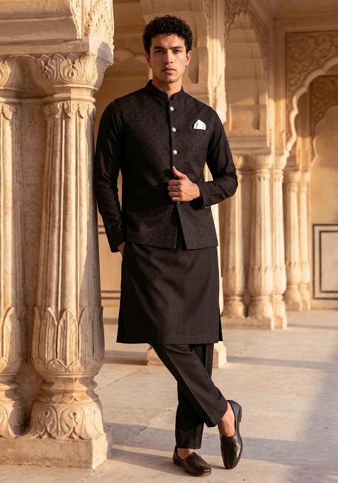 Black Embroidery Jecquard Jacket Set For Men