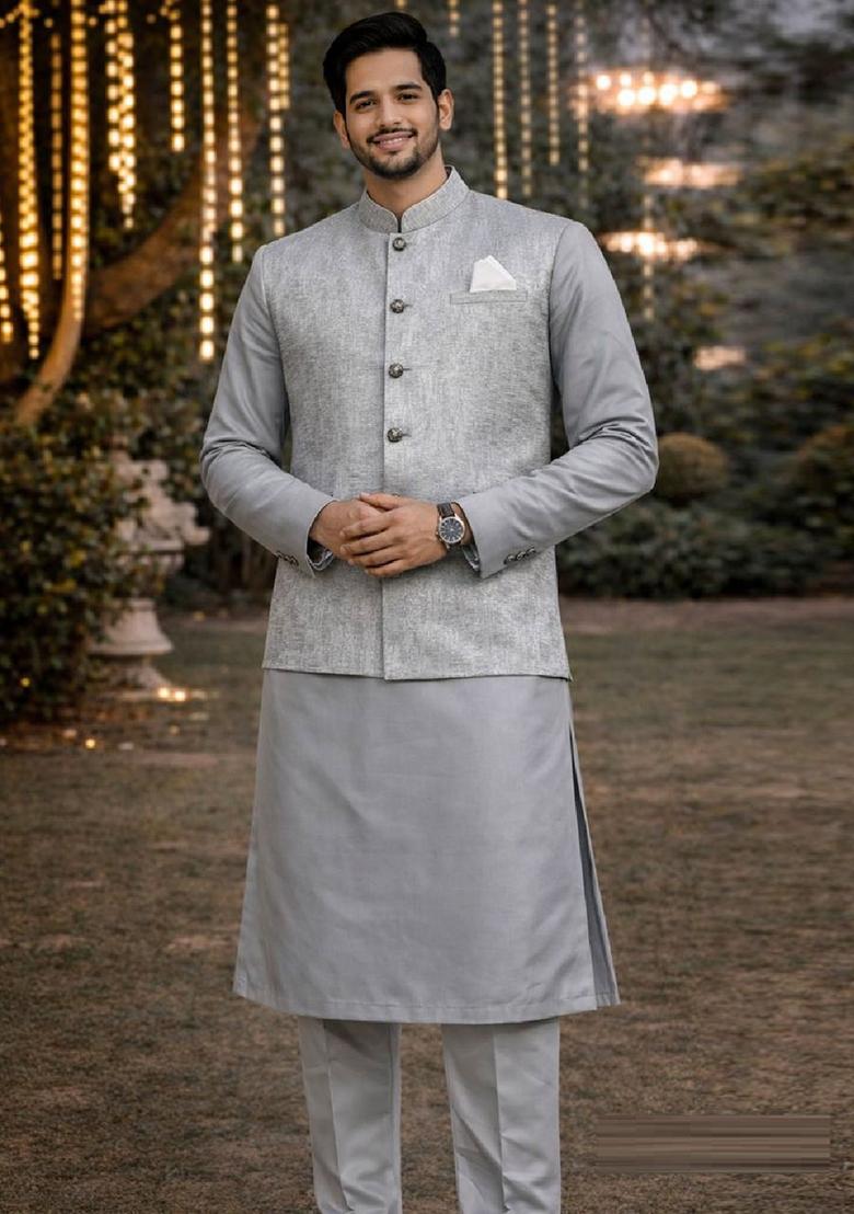 Grey Embroidery Jecquard Jacket Set For Men - Indya