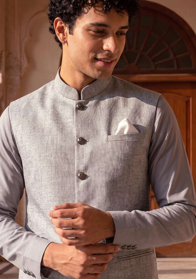 Grey Embroidery Jecquard Jacket Set For Men - Indya