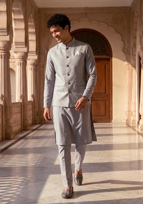 Grey Embroidery Jecquard Jacket Set For Men